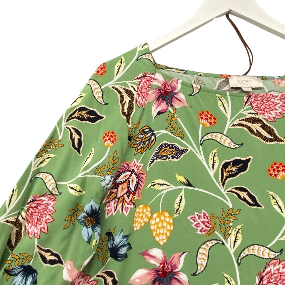 Loft Outlet Womens Green Floral Boat Neck 3/4 Puff Sleeve Rayon Blouse Size L - Picture 4 of 10